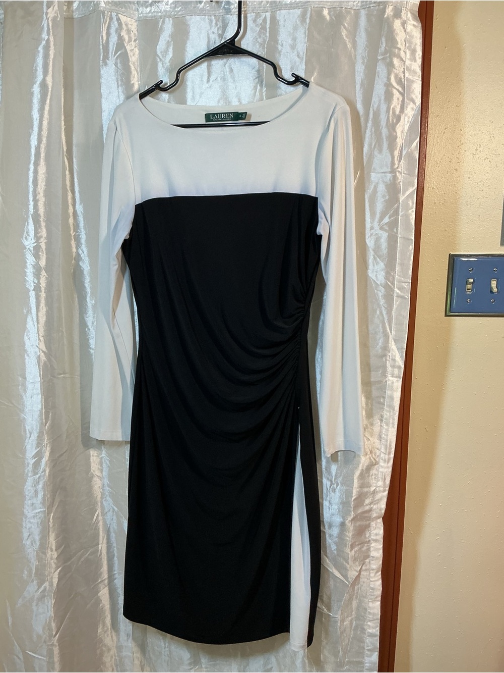 Ralph Lauren Black and White Long-Sleeve Ruched Sheath Dress